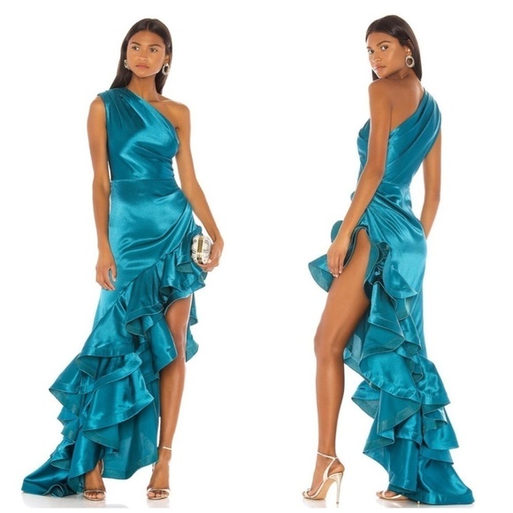 Bronx and Banco Monica Ruffle Asymmetrical Gown in Blue Formal Black Tie Dress - Picture 1 of 12